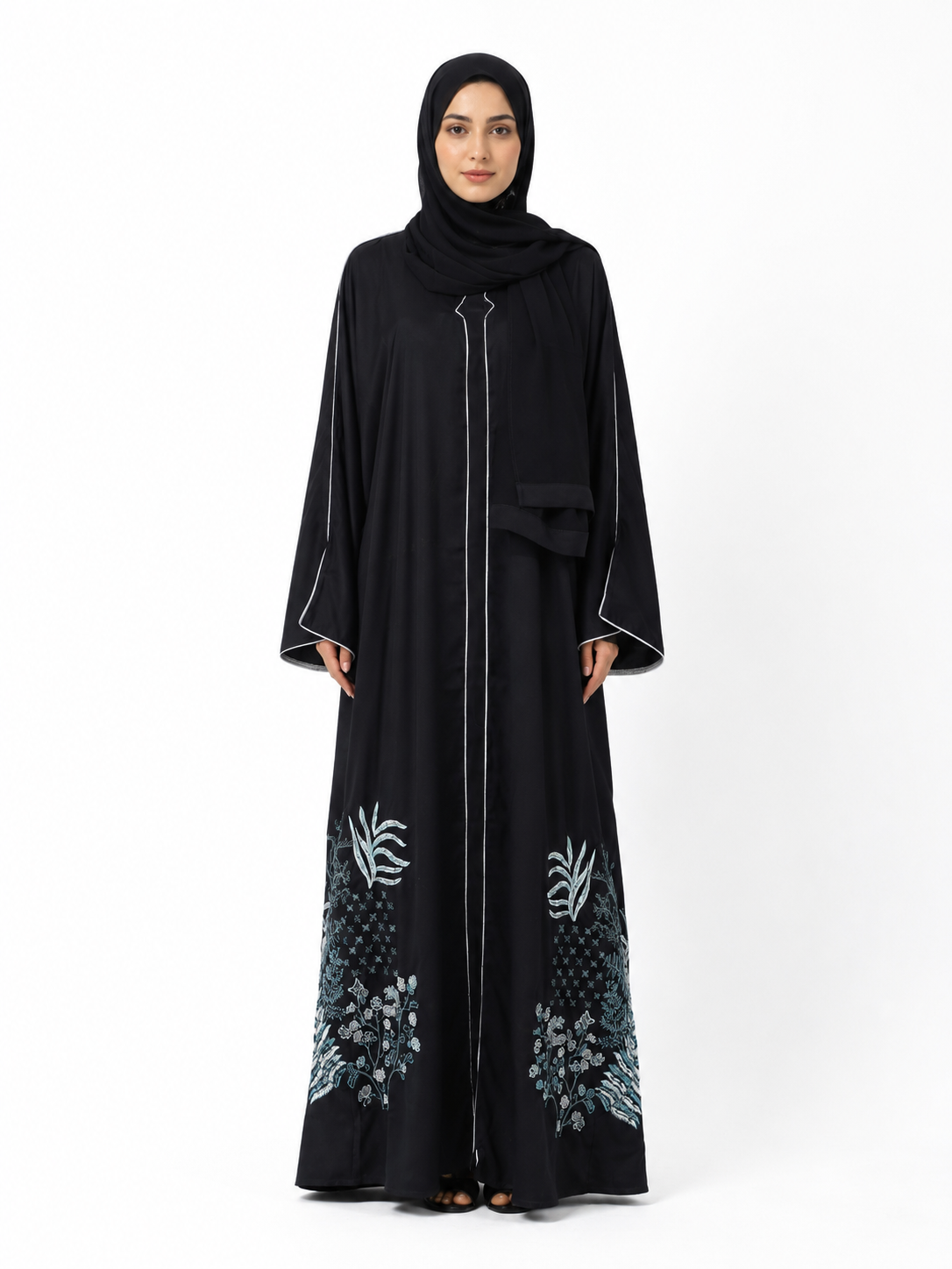 Black Floral Hem Embroidered Front Open Abaya